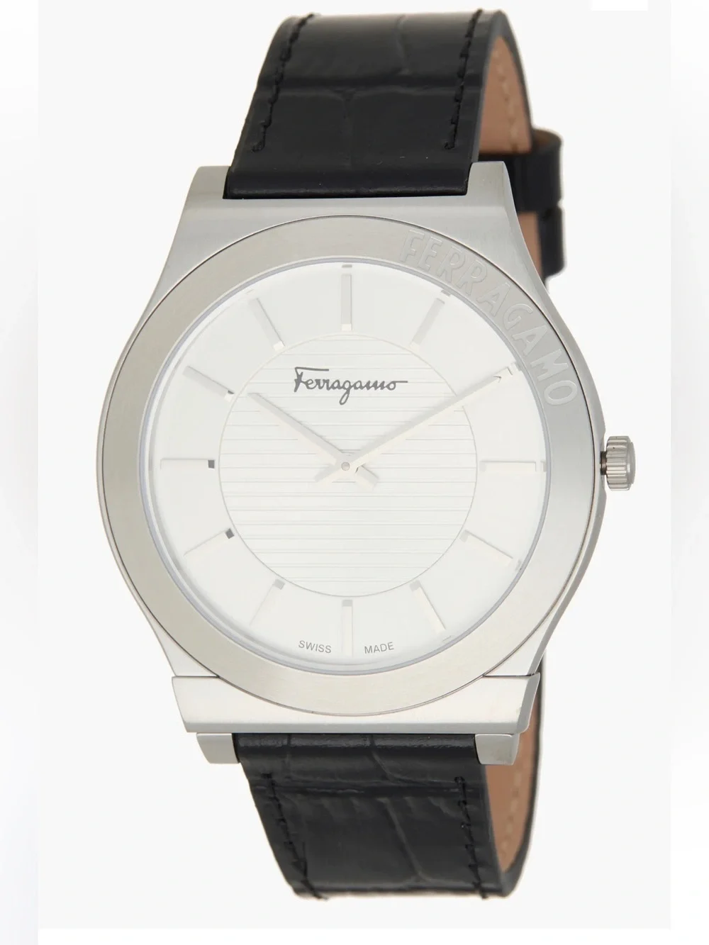 Salvatore Ferragamo Silver Case White Dial Black Leather Strap Watch